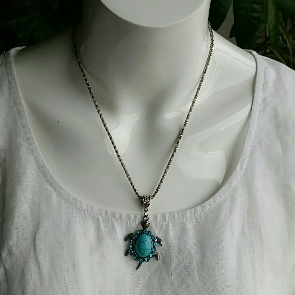 Turtle necklace with turquoise and rhinestones